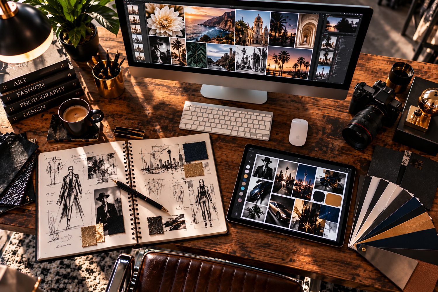 Overhead creative design workspace with sketchbook, photography, tablet and color swatches